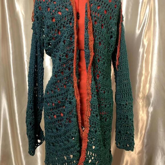 Sweaters - Intricate crochet forest green cardigan.